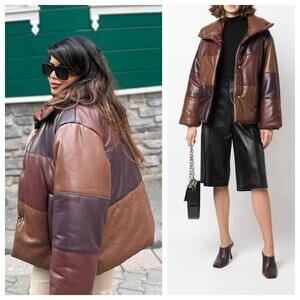 NANUSHKA Vegan Leather Hide Puffer Jacket Dark Brown Patchwork Small